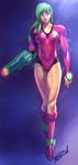 alternate_costume alternate_hair_color aqua_eyes arm_cannon bangs blue_background boots breasts commentary emblem fingerless_gloves full_body gloves green_hair groin highres justin_bailey knee_boots large_breasts leotard lips long_hair looking_to_the_side metroid metroid_(classic) pink_leotard purple_footwear robert_porter samus_aran serious signature simple_background sketch solo toned varia_suit weapon 