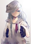  2014 aqua_hair blue_eyes hair_over_one_eye hat hibiki_(kantai_collection) kantai_collection long_hair md5_mismatch sohin solo torn_clothes turret uniform 