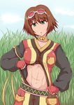  1girl abs breast_pocket breasts brown_hair female fingerless_gloves gloves goggles green_eyes large_breasts navel rita_mordio sha-pei_sahei short_hair solo tagme tales_of_(series) tales_of_vesperia 