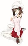  amami_haruka bespectacled black-framed_eyewear brown_hair from_side full_body glasses green_eyes hair_ribbon hat idolmaster idolmaster_(classic) looking_at_viewer miruto_netsuki ribbon shoes short_hair sitting skirt smile sneakers solo thighhighs wariza white_background white_legwear 