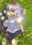  animal_ears blush breasts fang hat highres huge_weapon in_tree inubashiri_momiji large_breasts looking_at_viewer nature notya open_mouth pom_pom_(clothes) red_eyes silver_hair sitting sitting_in_tree solo sword tokin_hat touhou tree weapon wolf_ears 