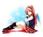  akame_ga_kill! boots butterfly_hair_ornament chelsea_(akame_ga_kill!) hair_ornament headphones long_hair pink_hair plaid plaid_skirt red_eyes ribbon sitting skirt smile solo 