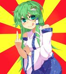  :q ashu bras_d'honneur detached_sleeves green_eyes green_hair hair_tubes kochiya_sanae long_hair macedonian_flag mageres middle_finger snake solo sunburst tongue tongue_out touhou 