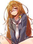  between_legs black_skirt blush brown_eyes collarbone crescent glasses hair_over_one_eye indian_style kantai_collection long_hair long_sleeves looking_at_viewer mataichi_mataro mochizuki_(kantai_collection) orange_hair red-framed_eyewear school_uniform semi-rimless_eyewear serafuku simple_background sitting skirt solo under-rim_eyewear very_long_hair white_background 