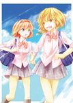  alice_margatroid bag blonde_hair blue_eyes blue_sky blush bow braid cloud contemporary day hair_bow hairband kirisame_marisa knora miniskirt multiple_girls open_mouth running school_uniform shirt short_hair side_braid skirt sky socks touhou wrist_grab yellow_eyes 