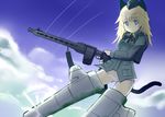  animal_ears backpack bag black_ribbon blonde_hair blue_eyes blue_sky cat_ears cat_tail cloud day flying garrison_cap gun hat helma_lennartz highres holding izuoku jacket long_hair long_sleeves machine_gun military military_uniform panties propeller ribbon sky solo striker_unit tail underwear uniform weapon white_panties world_witches_series 