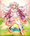  :d aile_(crossroads) anklet barefoot barefoot_sandals blush breasts brown_hair dress earrings flora_(mythology) flower full_body gradient_hair grass hair_flower hair_ornament highres jewelry long_hair medium_breasts multicolored multicolored_eyes multicolored_hair navel open_mouth pink_hair roman_mythology shingoku_no_valhalla_gate sitting smile solo thigh_gap toe_ring very_long_hair 