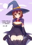  alternate_costume black_gloves black_legwear boots breasts brown_hair cape cleavage copyright_name dress elbow_gloves english gloves hair_ornament hairclip halloween hat highres hoppege impossible_clothes impossible_dress jack-o'-lantern large_breasts nakahara-kun_no_kahogo_na_imouto nakahara_maria short_hair sitting smile solo thigh_boots thighhighs wariza witch_hat 