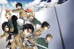  5boys armin_arlert black_hair blade blonde_hair blue_eyes boots brown_eyes brown_hair capelet clenched_teeth cloud colossal_titan day emblem eren_yeager erwin_smith frown glasses grey_eyes hange_zoe highres jacket jean_kirchstein levi_(shingeki_no_kyojin) mikasa_ackerman multiple_boys multiple_girls open_mouth paradis_military_uniform ponytail scarf shingeki_no_kyojin shiromi_(ringo) short_hair silver_eyes survey_corps_(emblem) teeth three-dimensional_maneuver_gear titan_(shingeki_no_kyojin) wall yellow_eyes 