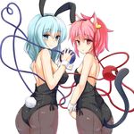  animal_ears ass bare_shoulders blue_eyes blue_hair blush breasts bunny_ears bunny_girl bunny_tail bunnysuit cat_ears cat_tail eyeball hairband heart heart-shaped_pupils heart_of_string highres komeiji_koishi komeiji_satori large_breasts looking_at_viewer multiple_girls ocha_(ochappie) pantyhose pink_hair red_eyes short_hair siblings simple_background sisters small_breasts smile symbol-shaped_pupils tail third_eye touhou white_background wrist_cuffs 
