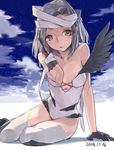  bandages bare_shoulders black_gloves brown_eyes cloud dated gloves grey_hair iona_(wixoss) long_hair looking_at_viewer selector_wixoss sitting sky solo star_(sky) starry_sky toro_(konirio) wings wixoss yokozuwari 