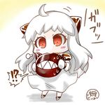  1girl ahoge chibi dress horns kantai_collection long_hair looking_at_viewer mittens noai_nioshi northern_ocean_hime red_eyes shinkaisei-kan solo translated white_dress white_hair white_skin 