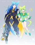  androgynous bare_legs blue_eyes blue_hair boots coat copyright_name full_body gloves green_eyes green_hair grey_background highres jacket knee_boots long_hair male_focus multiple_boys nahato_(tales) pants shoes shorts smile staff tales_of_(series) tales_of_the_world_reve_unita terun_(tales) wand yogura 