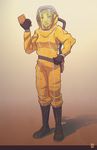  boots gloves hazmat_suit helmet highres mr_very oxygen_tank science_fiction solo yellow 