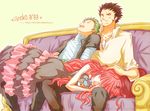  2boys bat_(symbol) black_hair couch dracule_mihawk dress green_hair hair_ornament hairclip kigisu kijinoko kumacy kuraigana_island lap_pillow multiple_boys one_piece open_clothes open_shirt perona pink_hair roronoa_zoro shirt sitting sleeping stuffed_toy 