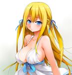  amagi_brilliant_park bad_id bad_pixiv_id bare_shoulders blonde_hair blue_eyes blush breasts cleavage dress hair_ribbon half_updo large_breasts long_hair looking_at_viewer ribbon sideboob simple_background solo strap_gap sylphy_(amaburi) tsurime two_side_up white_background yostxxx 