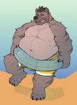  anthro barefoot beach belly big_belly blush bulge claws clothed clothing fur hyena inner_tube looking_down male mammal musclegut muscular muscular_male navel obese obese_male on_one_leg overweight overweight_male sand seaside solo standing stuck swimsuit teeth toe_claws topless water wide_hips zangusuu 