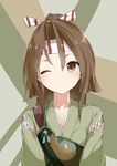  akiha_(attract) bad_id bad_pixiv_id blush brown_eyes brown_hair camouflage hachimaki headband japanese_clothes kantai_collection looking_at_viewer muneate one_eye_closed ponytail smile solo upper_body zuihou_(kantai_collection) 