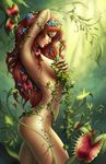  1girl arm_up artist_request batman_(series) breasts dc_comics flower long_hair plant poison_ivy red_hair sideboob 