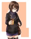  alternate_costume bag bespectacled black_legwear brown_eyes brown_hair contemporary cowboy_shot cup glasses handbag highres hyuuga_(kantai_collection) jacket kantai_collection looking_at_viewer rom scarf short_hair shorts solo steam thighhighs 