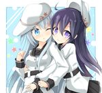  ahoge akatsuki_(kantai_collection) aqua_eyes aqua_hair belt black_skirt blush cosplay flat_cap hair_between_eyes hammer_and_sickle hat hibiki_(kantai_collection) hug hug_from_behind kantai_collection long_hair long_sleeves looking_at_viewer multiple_girls neckerchief one_eye_closed pleated_skirt purple_eyes purple_hair rateratte sailor_collar school_uniform serafuku skirt smile verniy_(kantai_collection) verniy_(kantai_collection)_(cosplay) 