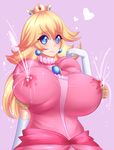  blonde_hair blue_eyes breasts covered_nipples crown dress earrings elbow_gloves gem gloves heart highres huge_breasts jcdr jewelry lactation lactation_through_clothes long_hair mario_(series) nipple_tweak pink_dress princess_peach puffy_sleeves smile solo_focus super_mario_bros. white_gloves 