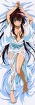  absurdres arms_up barefoot blue_eyes blush breasts breasts_apart brown_hair dakimakura highres huge_filesize japanese_clothes kimono large_breasts legs lying no_bra no_panties oda_nobuna_no_yabou on_back ponytail see-through shibata_katsuie_(oda_nobuna_no_yabou) shirt solo spread_toes wet wet_clothes wet_shirt 