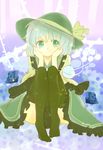  bow dress green green_eyes green_hair hat hat_bow knora komeiji_koishi sitting thighhighs third_eye touhou 