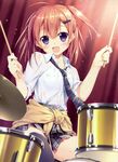  :d absurdres ahoge bangs blue_eyes blush breasts brown_hair chikotam clothes_around_waist drum drum_set drumming drumsticks eyebrows_visible_through_hair fang hair_ornament hairclip highres instrument looking_at_viewer necktie open_mouth original scan school_uniform short_hair side_ponytail sitting skirt small_breasts smile solo sweat sweater_around_waist wet wet_clothes 