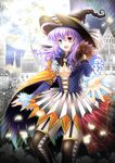  :d absurdres ahoge breasts cape cleavage garter_straps hat heterochromia highres large_breasts long_hair looking_at_viewer open_mouth original purple_hair reaching riyun_(halodark) smile solo witch witch_hat 