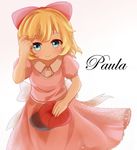  blonde_hair blue_eyes borrowed_garments bow character_name dress hair_bow hair_ribbon hat hat_removed headwear_removed highres holding holding_hat igakusei looking_at_viewer mother_(game) mother_2 paula_(mother_2) pink_dress ribbon short_hair smile solo wind 