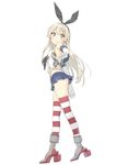  black_eyes black_panties blonde_hair boots elbow_gloves full_body gloves grey_footwear hairband highleg highleg_panties kantai_collection long_hair midriff panties peko shimakaze_(kantai_collection) simple_background skirt solo striped striped_legwear thighhighs underwear white_background 