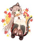  animal_ears black_legwear blush breath brown_hair cat_ears cat_tail covering_mouth fake_animal_ears food green_eyes head_tilt highres leaf long_hair maple_leaf original shoe_soles sitting socks solo tail taiyaki usagihime wagashi 