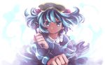  blue_eyes blue_hair dress dual_wielding hair_bobbles hair_ornament hat holding kawashiro_nitori long_sleeves looking_at_viewer serious shirt short_hair solo suehachi_(hikage) touhou two_side_up upper_body wrench 