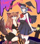  animal_ears ass ayanami_rei blue_eyes blue_hair gloves halloween hat long_hair looking_back multiple_girls neon_genesis_evangelion paw_gloves paw_shoes paws red_eyes shoes short_hair souryuu_asuka_langley striped striped_legwear tail tamako_(love_313) thighhighs wand wolf_tail 