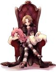  1girl alba_(senyuu) book brown_eyes brown_hair demon_girl head_wings heterochromia highres long_hair pink_eyes pink_hair pointy_ears red_eyes ruki_(senyuu) sen'yuu. short_hair throne virginia_complex 