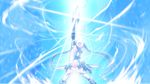  armor armpits bare_shoulders blue_background blue_hair cleavage_cutout clenched_hand faulds fighting_stance flat_chest gloves glowing gorget greaves hair_ornament holding holding_weapon legs_apart leotard long_hair looking_up magical_girl mecha_musume motion_blur navel navel_cutout open_mouth ore_twintail_ni_narimasu polearm shouting solo spear standing tailblue thighhighs twintails very_long_hair weapon white_legwear wind yuto_(dialique) 