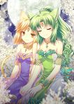  :3 ahoge animal_ears blonde_hair breasts cat_ears cat_tail cleavage closed_eyes flower forehead_jewel full_moon green_hair highres holding_hands leaning_on_person lily_(flower) long_hair medium_breasts moon multiple_girls original riyun_(halodark) short_hair smile tail yellow_eyes yuri 