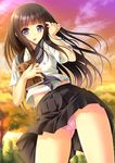  adjusting_hair akino_shin black_hair book chitanda_eru hime_cut hyouka long_hair panties pantyshot pink_panties purple_eyes school_uniform solo underwear upskirt 