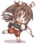  :d aircraft airplane bow_(weapon) brown_eyes brown_hair chibi d3a headband holding japanese_clothes kantai_collection kata_meguma looking_at_viewer muneate open_mouth ponytail smile solo weapon zuihou_(kantai_collection) 