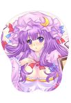  blush book bow breast_mousepad breasts cleavage hair_bow hair_ribbon hat highres large_breasts long_hair looking_at_viewer mob_cap mousepad patchouli_knowledge purple_eyes purple_hair ribbon riyun_(halodark) solo touhou 