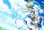  bad_id bad_pixiv_id blue_eyes blue_hair bug butterfly cloud day dutch_angle flying hair_ornament holding insect long_hair navel original sakuragi_ren sky solo staff 