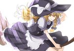  apron arm_up blonde_hair braid broom broom_riding hat kirisame_marisa long_hair nip_to_chip side_braid simple_background touhou waist_apron witch_hat yellow_eyes 