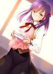  apron blush fate/stay_night fate_(series) food hair_ribbon holding long_hair long_sleeves matou_sakura parted_lips pot purple_eyes purple_hair ribbon skirt smile solo steam vest yangsion 