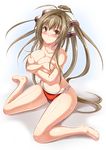  amagi_brilliant_park barefoot bikini blush breasts brown_eyes brown_hair cleavage covering covering_breasts crossed_arms embarrassed from_above highres large_breasts long_hair looking_at_viewer looking_up nekoi_hikaru ponytail sento_isuzu sitting sweat swimsuit topless very_long_hair wariza wet 