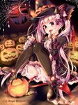  :d ange_vierge black_legwear bow brown_eyes candy demon_horns demon_tail food hair_bow hair_ribbon halloween hat holding horns jack-o'-lantern lollipop long_hair looking_at_viewer official_art open_mouth pink_hair ribbon sakuragi_ren shoes sitting smile solo sophina tail thighhighs twintails witch_hat 