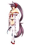  absurdres animal_ears arm_behind_back bare_shoulders black_panties breasts cleavage clog_sandals dean detached_sleeves finger_to_face fox_ears fox_tail full_body highres japanese_clothes large_breasts long_hair original panties purple_hair ribbon-trimmed_legwear ribbon-trimmed_sleeves ribbon_trim simple_background solo standing tabi tail thighhighs underwear very_long_hair white_background white_legwear 
