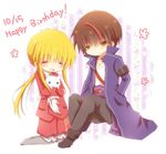  ^_^ armband blonde_hair brown_hair cat chibi closed_eyes coat diana_(umineko) hands_in_pockets happy_birthday kneeling multicolored_hair multiple_boys okuo open_mouth ponytail sitting smile streaked_hair two-tone_hair umineko_no_naku_koro_ni ushiromiya_lion white_cat willard_h_wright yellow_eyes 