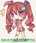  1girl ahoge borrowed_character chibi drill_hair eating grass hazuki_watora holding hood hood_down hooded_jacket jacket kata_meguma long_hair original purple_eyes red_hair scythe solo twin_drills twintails 