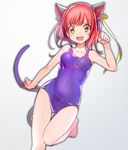 animal_ears bad_id bad_pixiv_id barefoot breasts cat_ears cat_tail hair_ribbon konbu_wakame looking_at_viewer one-piece_swimsuit open_mouth original paw_pose red_hair ribbon short_hair simple_background small_breasts smile solo swimsuit tail two_side_up yellow_eyes 